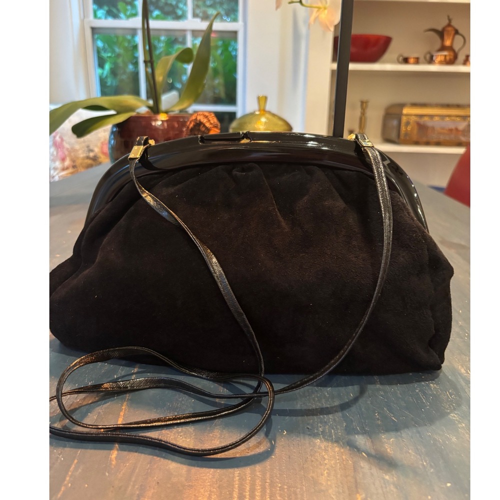 Vintage Black Suede Frame Clutch Bag Made in Italy Genuine Leather Shoulder Bag